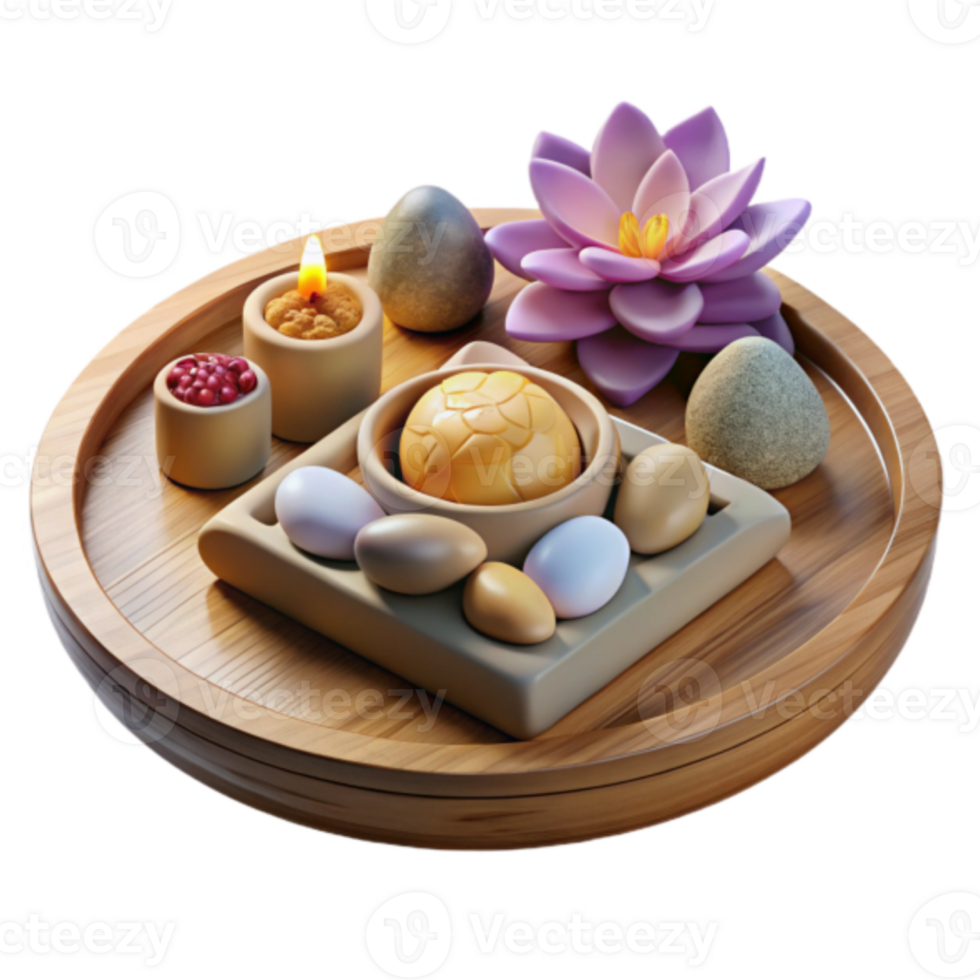 Serene Spa Day 3D Render Illustration Wooden Tray with Candles, Stones, and Lotus Flower png