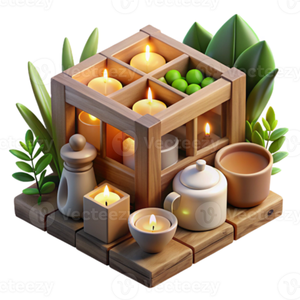 Serene Spa Setting 3D Illustration Wooden Crate Candles Tea png