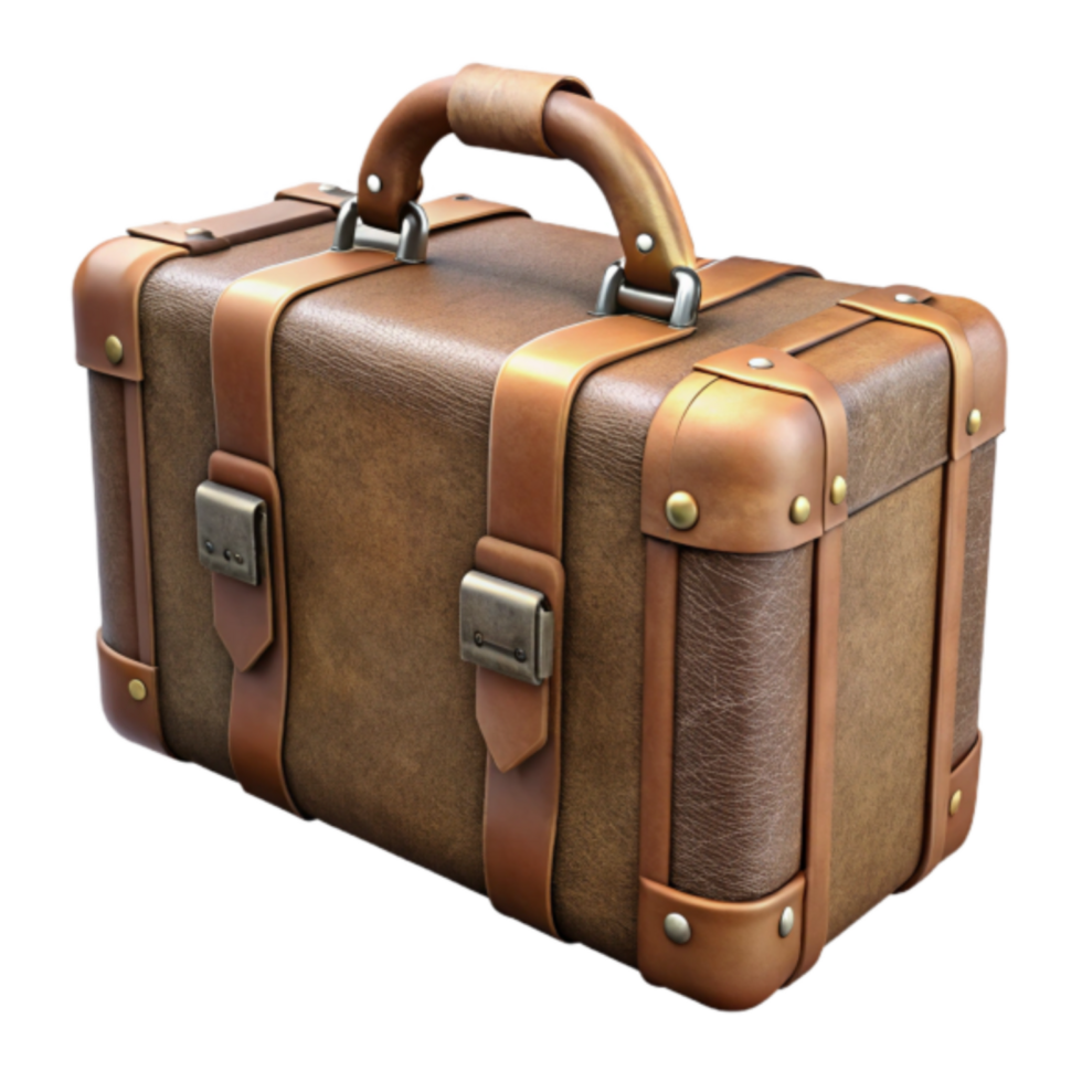 Vintage Brown Leather Suitcase 3D Render Travel Bag png