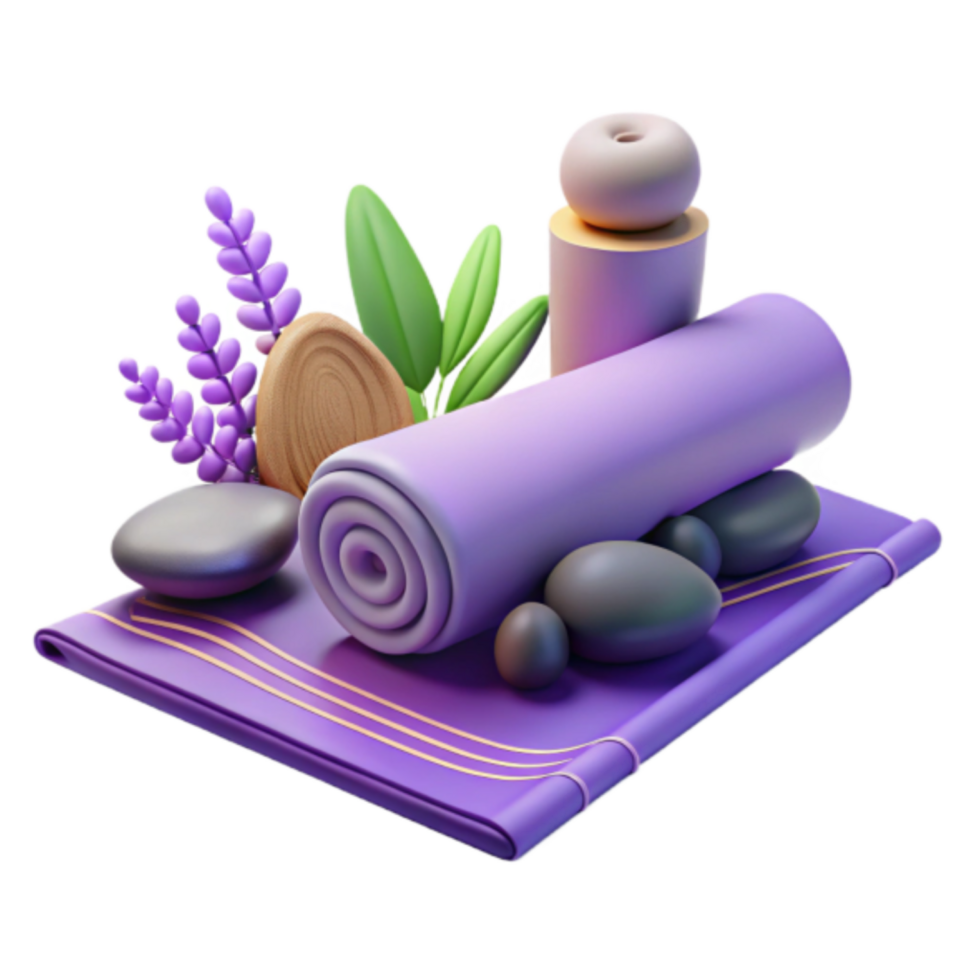3D Render of Spa Relaxation Scene with Rolled Towel, Stones, and Lavender png