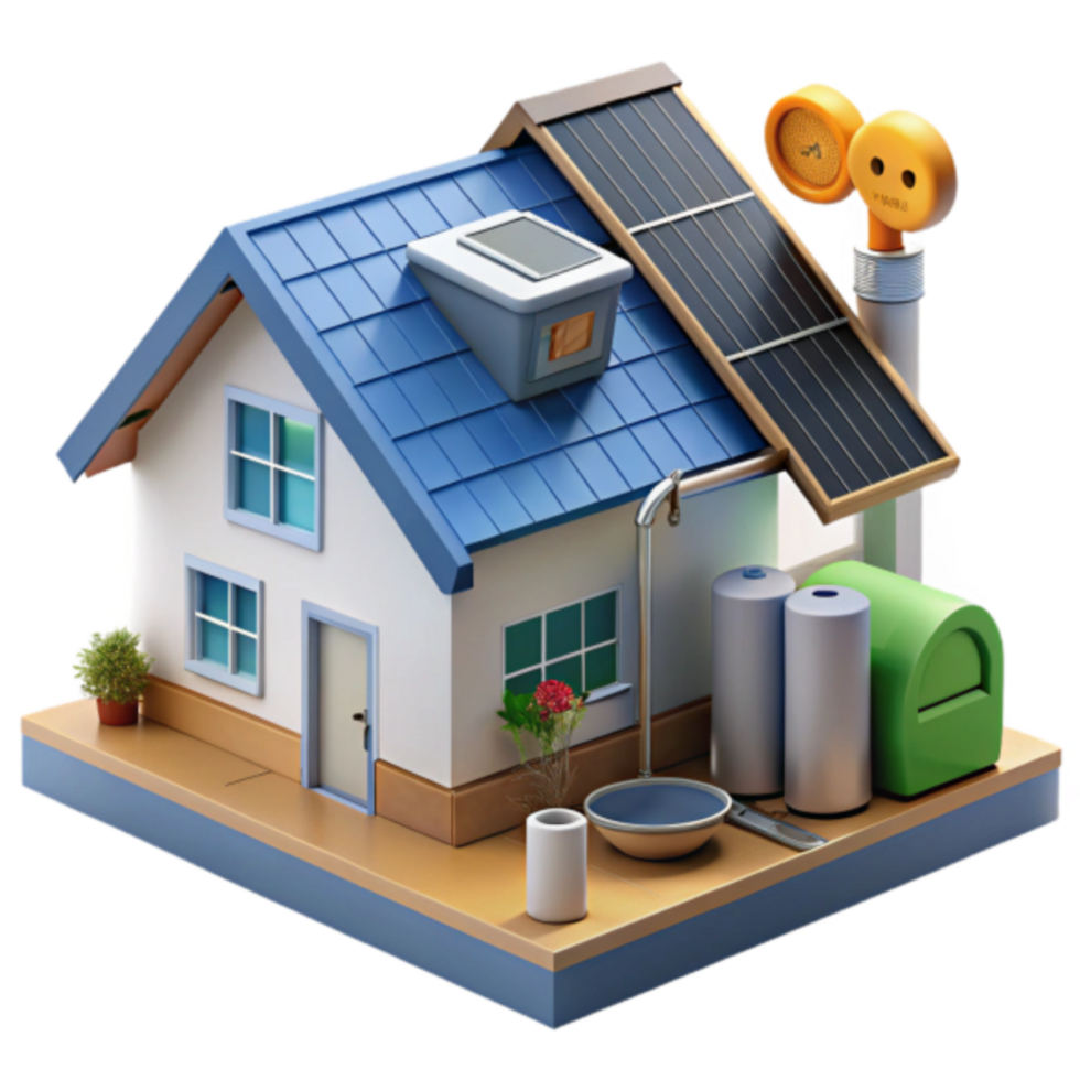 3D Model of Eco-Friendly House with Solar Panels and Water Tanks Illustration png