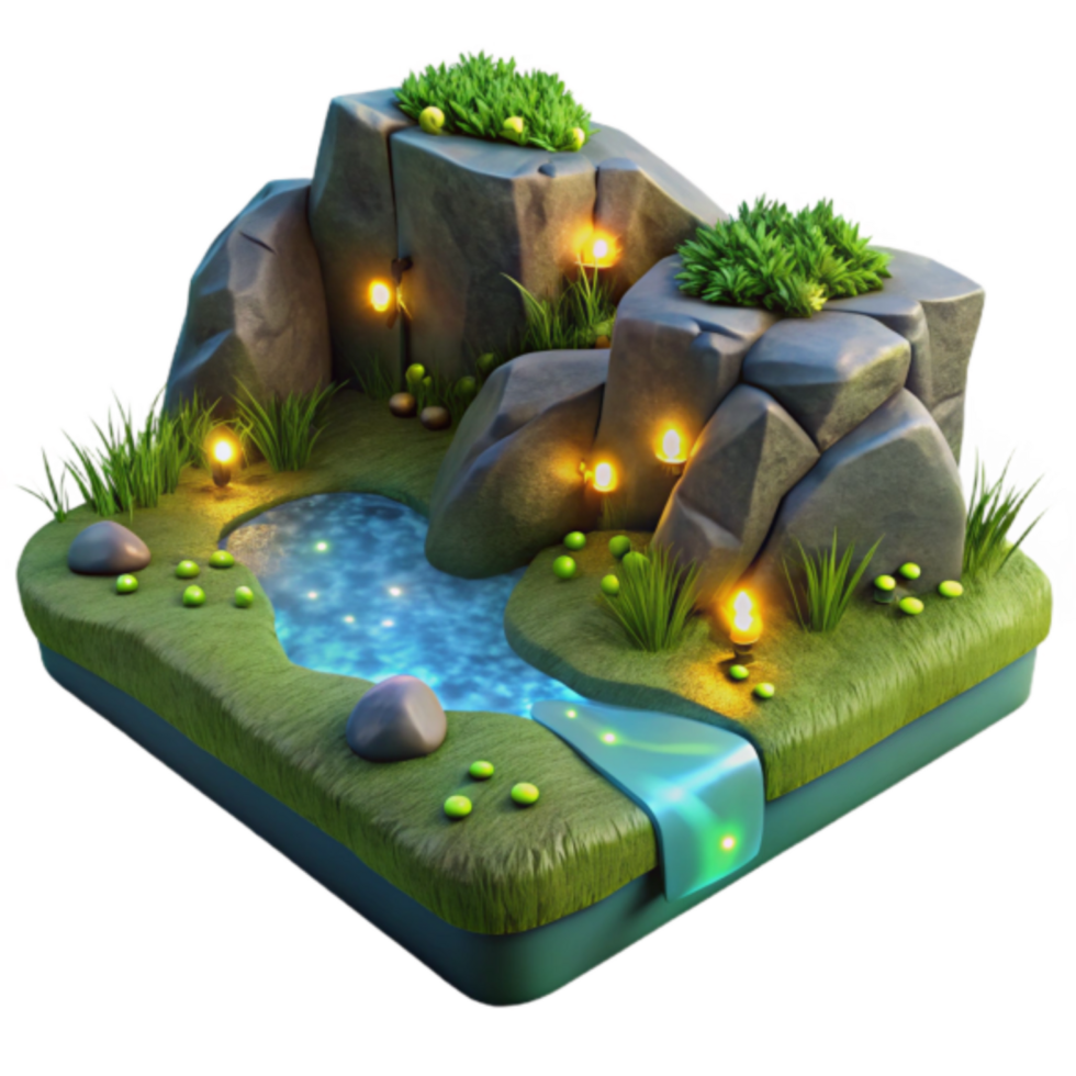 Enchanted 3D Landscape Illustration Serene Pond, Glowing Rocks, Lush Greenery png