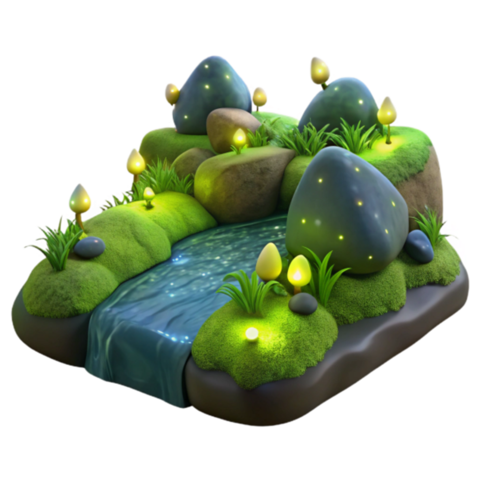 Enchanted Stream 3D Render A Fantasy Landscape with Glowing Mushrooms and Rocks png