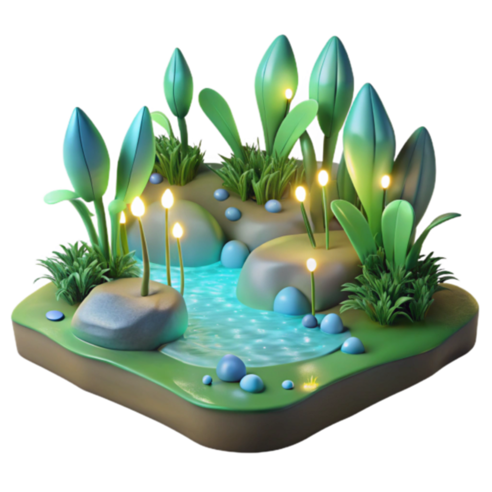 Enchanted Stream 3D Render Magical Night Scene with Glowing Plants and Rocks png