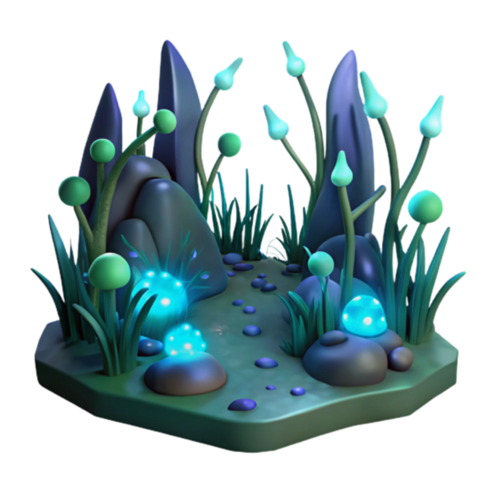 Enchanted 3D Fantasy Forest Scene Illustration Glowing Mushrooms, Mystical Plants, and a Winding Path png
