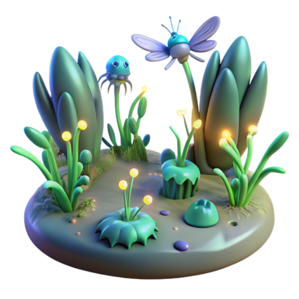 Enchanted 3D Night Garden Illustration Luminescent Flora and Fauna png