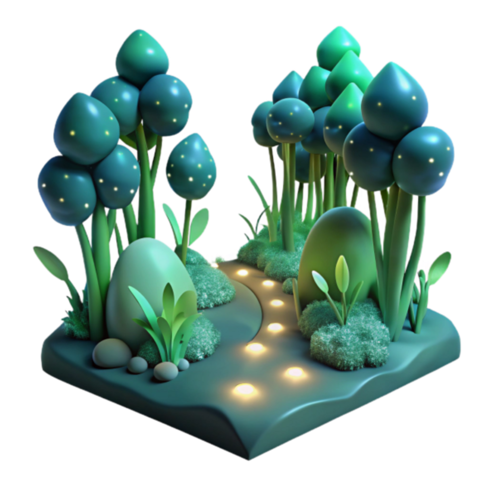 Enchanted 3D Forest Illustration Glowing Path, Cartoon Trees, Magical Landscape png