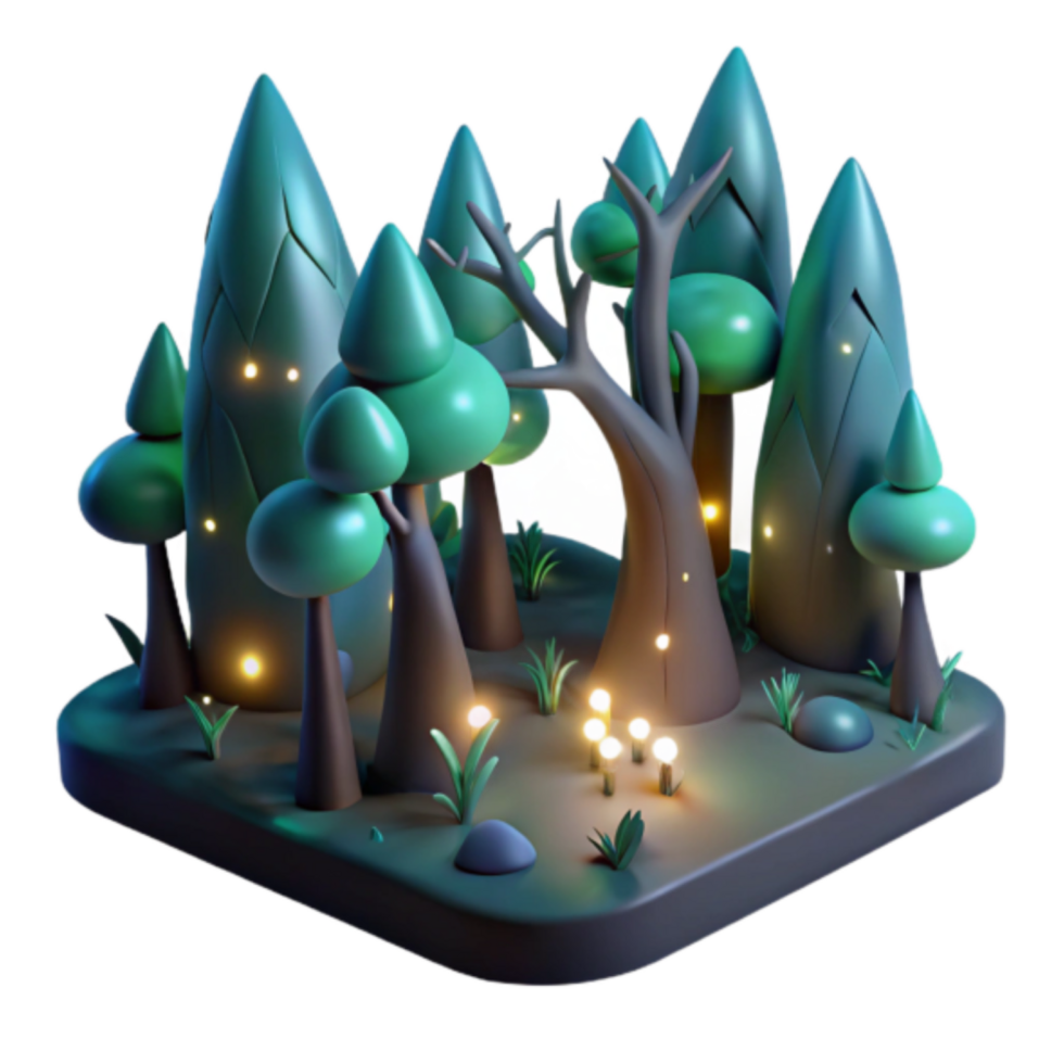 Enchanted 3D Forest Illustration Magical Nighttime Trees, Glowing Fireflies, and Lush Greenery png