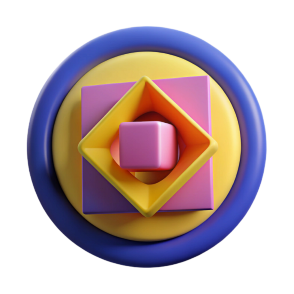 Abstract 3D Render of Geometric Shapes Interlocking Cubes and Rings in Yellow, Pink, and Blue png