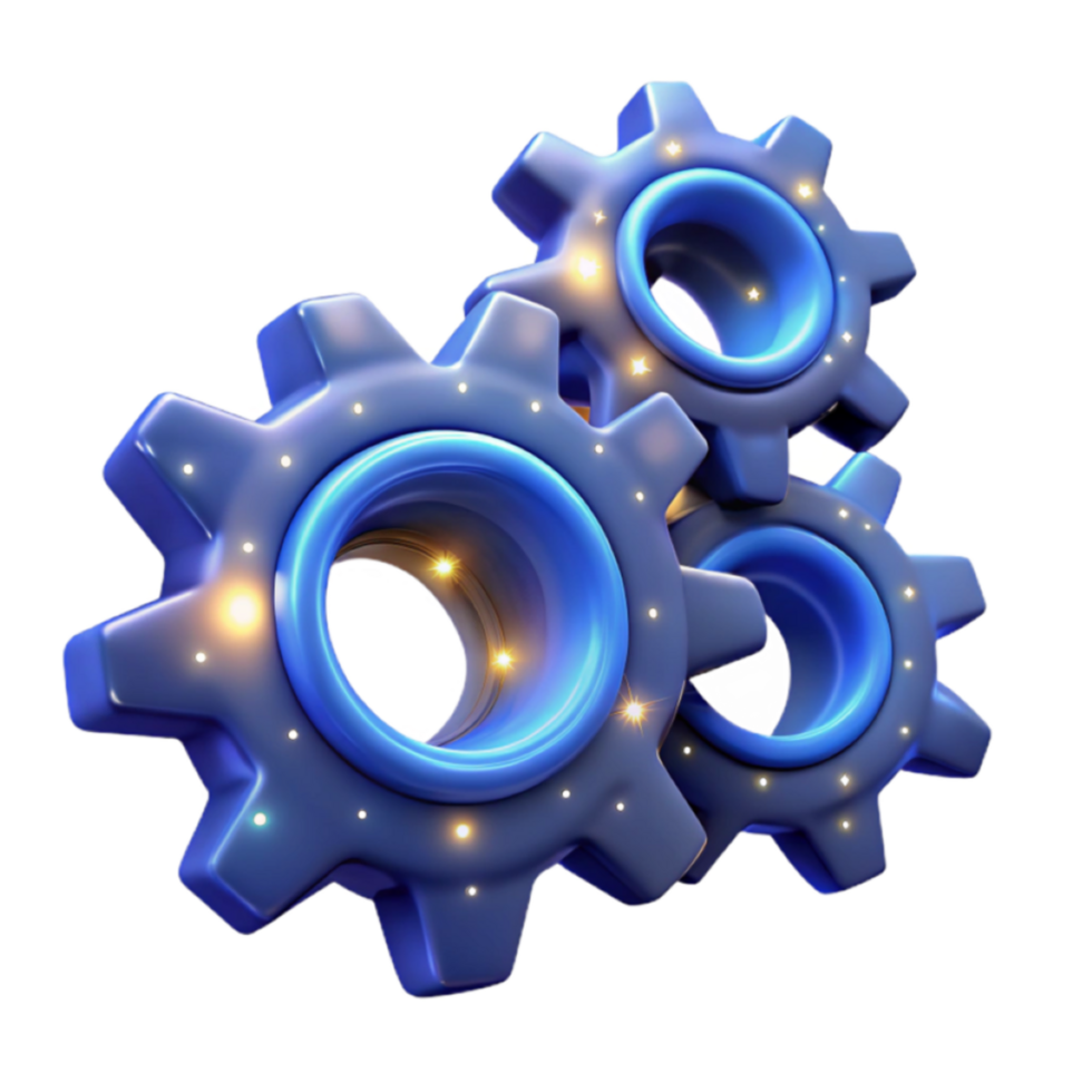 Interlocking Gears 3D Illustration Dynamic Blue Cogs with Glowing Lights png