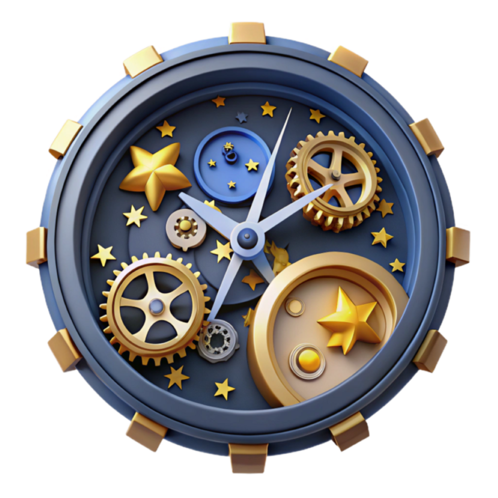 3D Celestial Clock Illustration Golden Gears, Stars, and Night Sky png