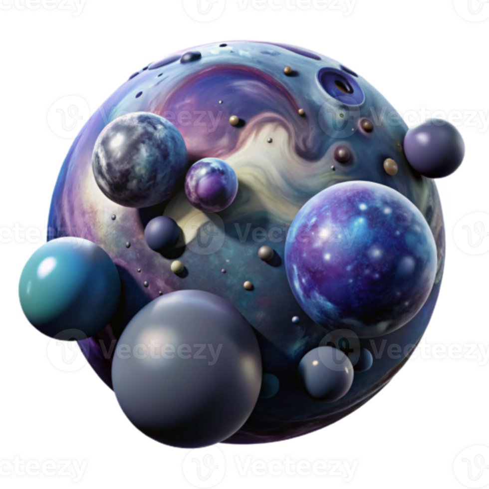 Cosmic Sphere 3D Illustration Celestial Bodies, Nebula Swirl, Galactic Cluster, Abstract Space Art, Purple and Blue Hues, Shiny Spheres, Multicolored Planets, Fantasy World, 3D Render, Digital Art png