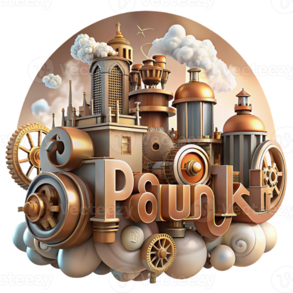 Steampunk Cityscape 3D Illustration Gears, Cogs, and Victorian Architecture in a Whimsical Cloud Setting png