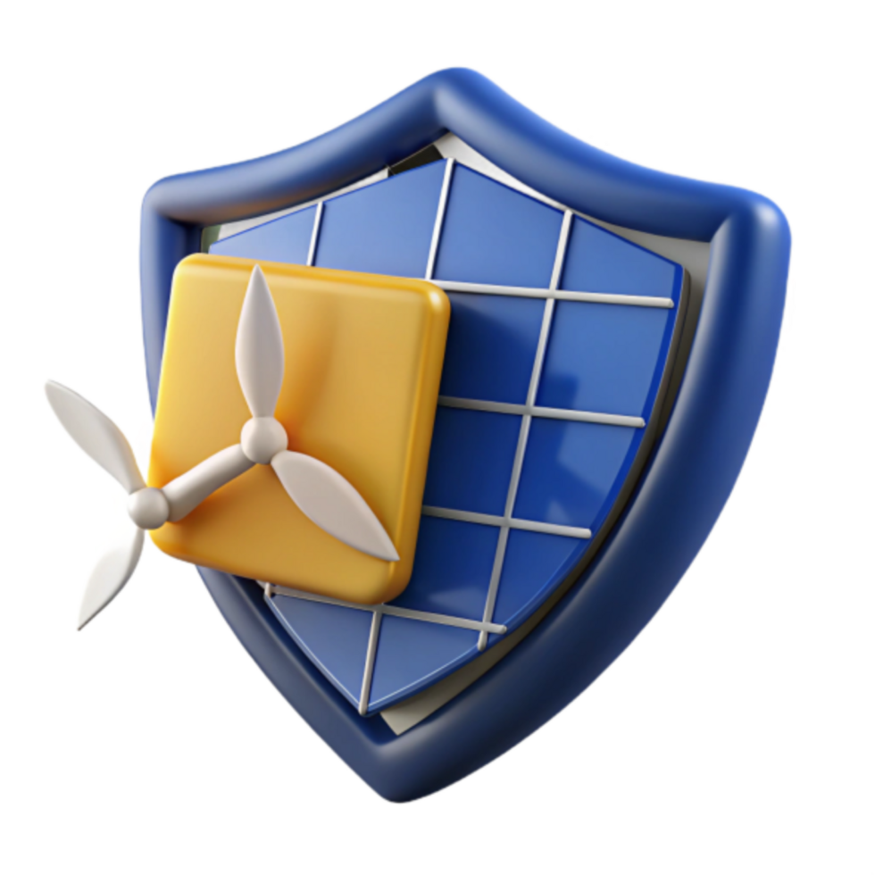 3D Render of a Protective Shield with Solar Panel and Wind Turbine Icon png