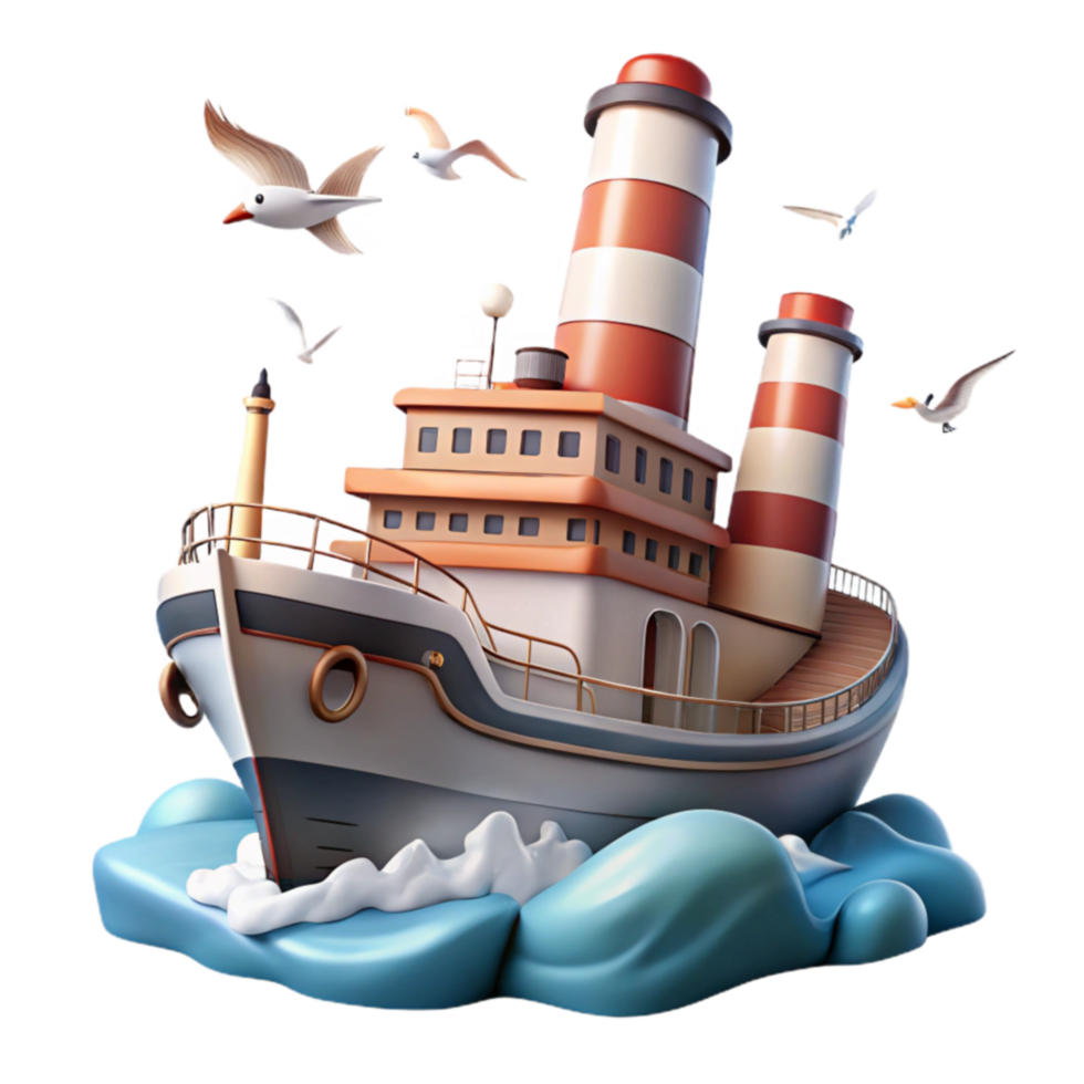 Ocean Vessel with Twin Lighthouses and Seagulls png