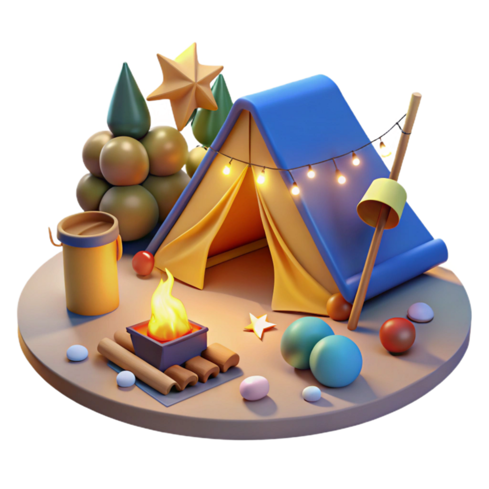 Night Camping Scene 3D Tent, Campfire, and Festive Decor png