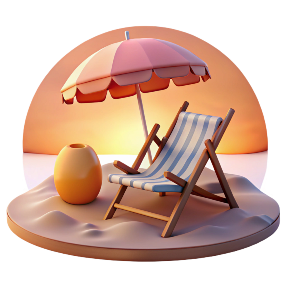 Sunset Beach Relaxation Chair, Umbrella, and Sand png