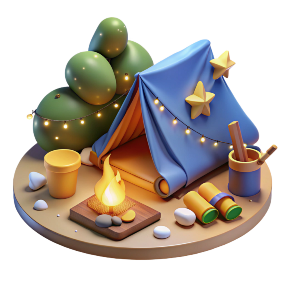 Enchanted Camping Scene 3D Render of Tent, Fire, and Stars png