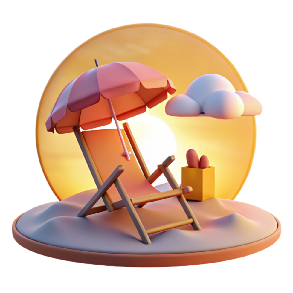 Relaxing Beach Scene Sunset, Chair, and Umbrella png