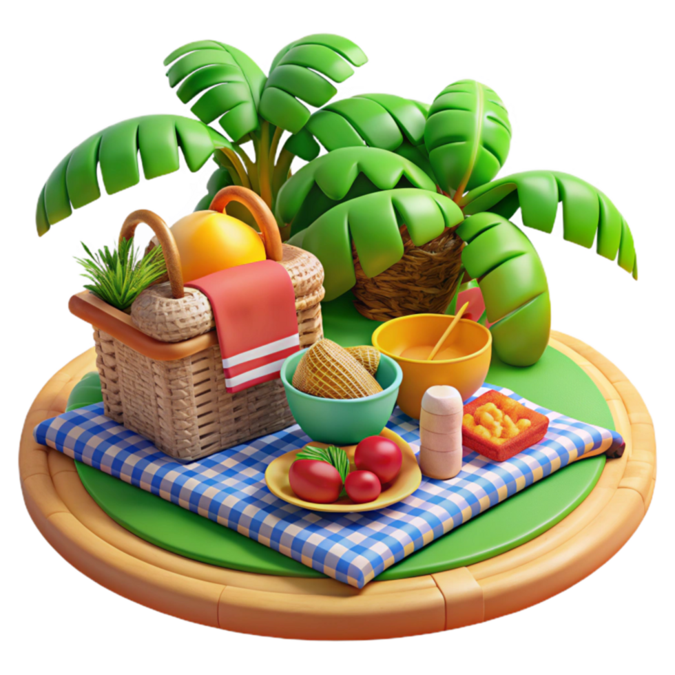 Tropical Picnic Basket Scene 3D Render of Summertime Outdoors png