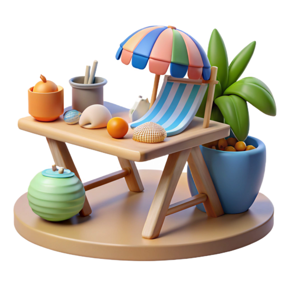 Relaxing Beach Scene Table, Chair, Umbrella, Shells png