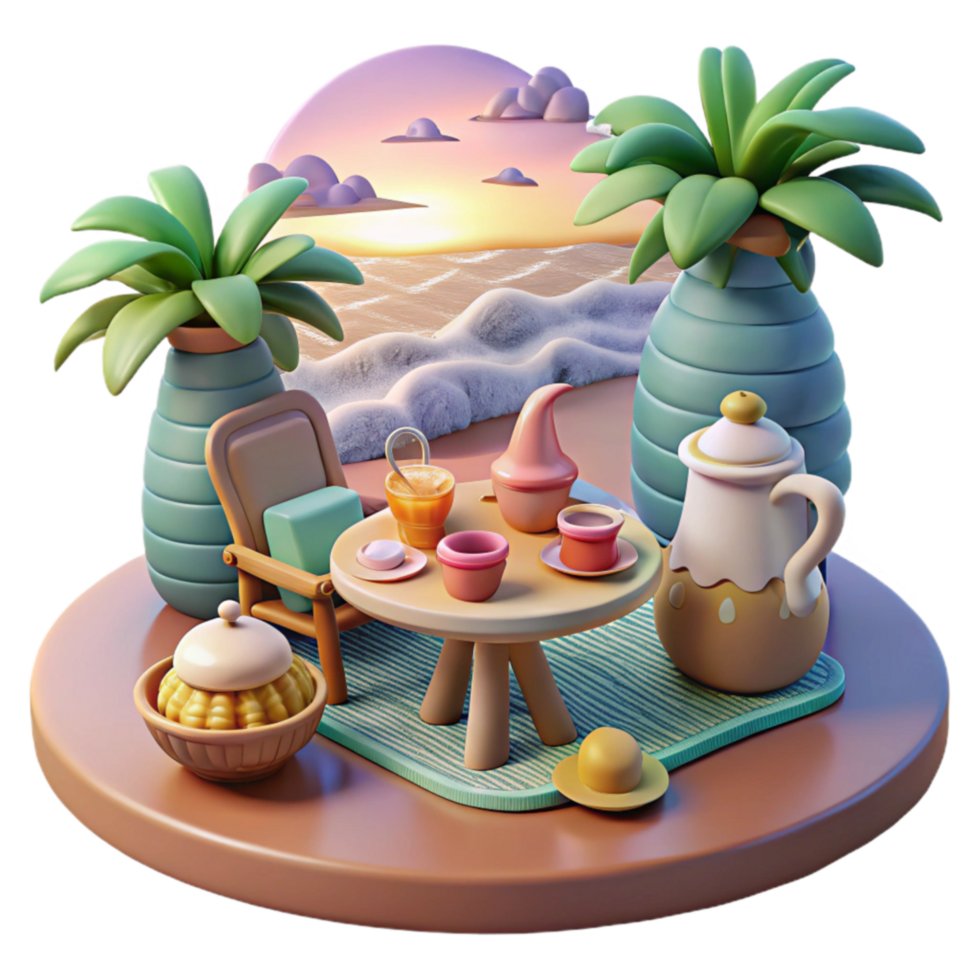 Sunset Beach Tea Party 3D Render png