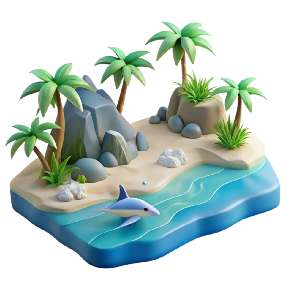 Tropical Island Paradise 3D Render of Ocean, Beach, and Palm Trees png