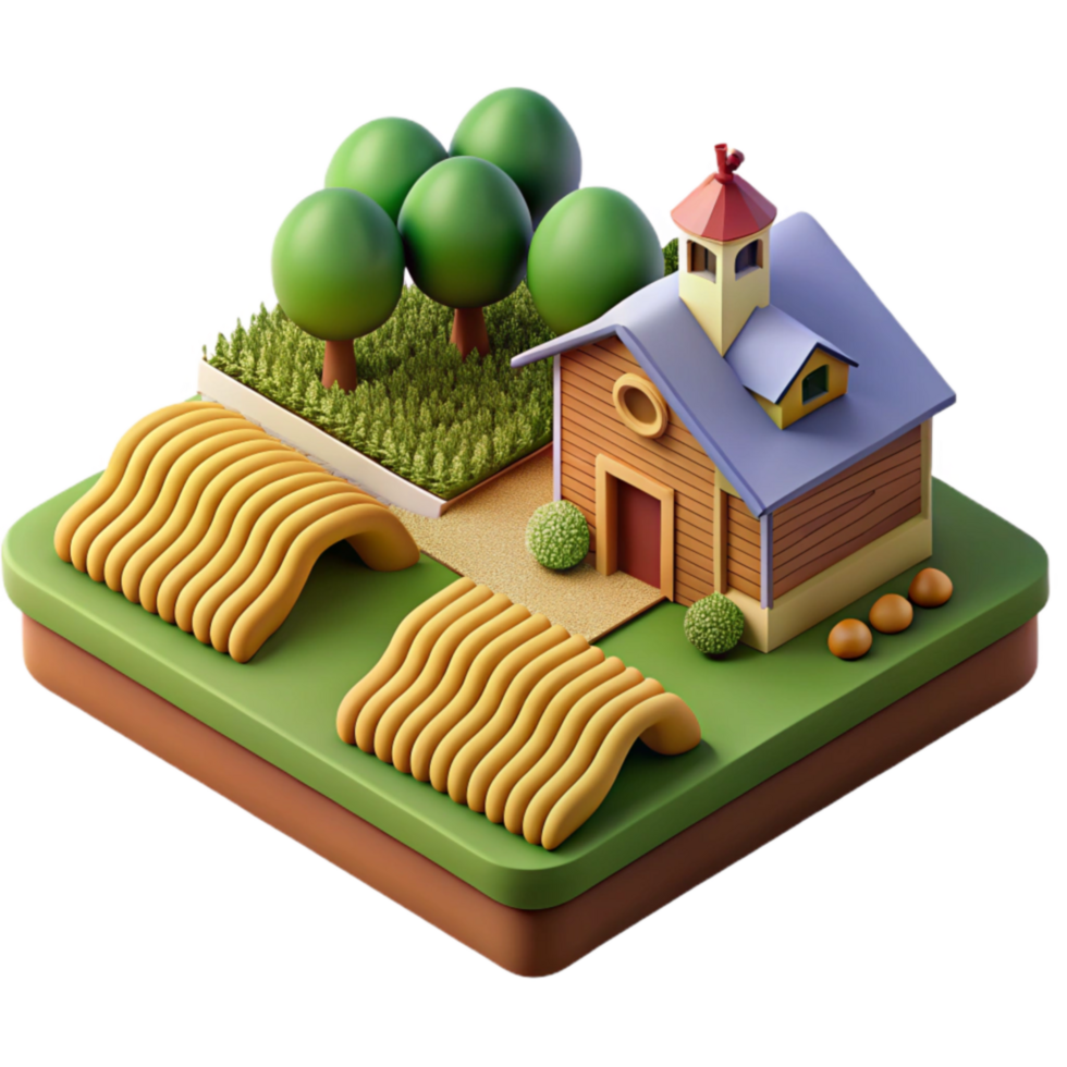 Farmhouse, Wheat Fields, and Trees Isometric 3D Render png