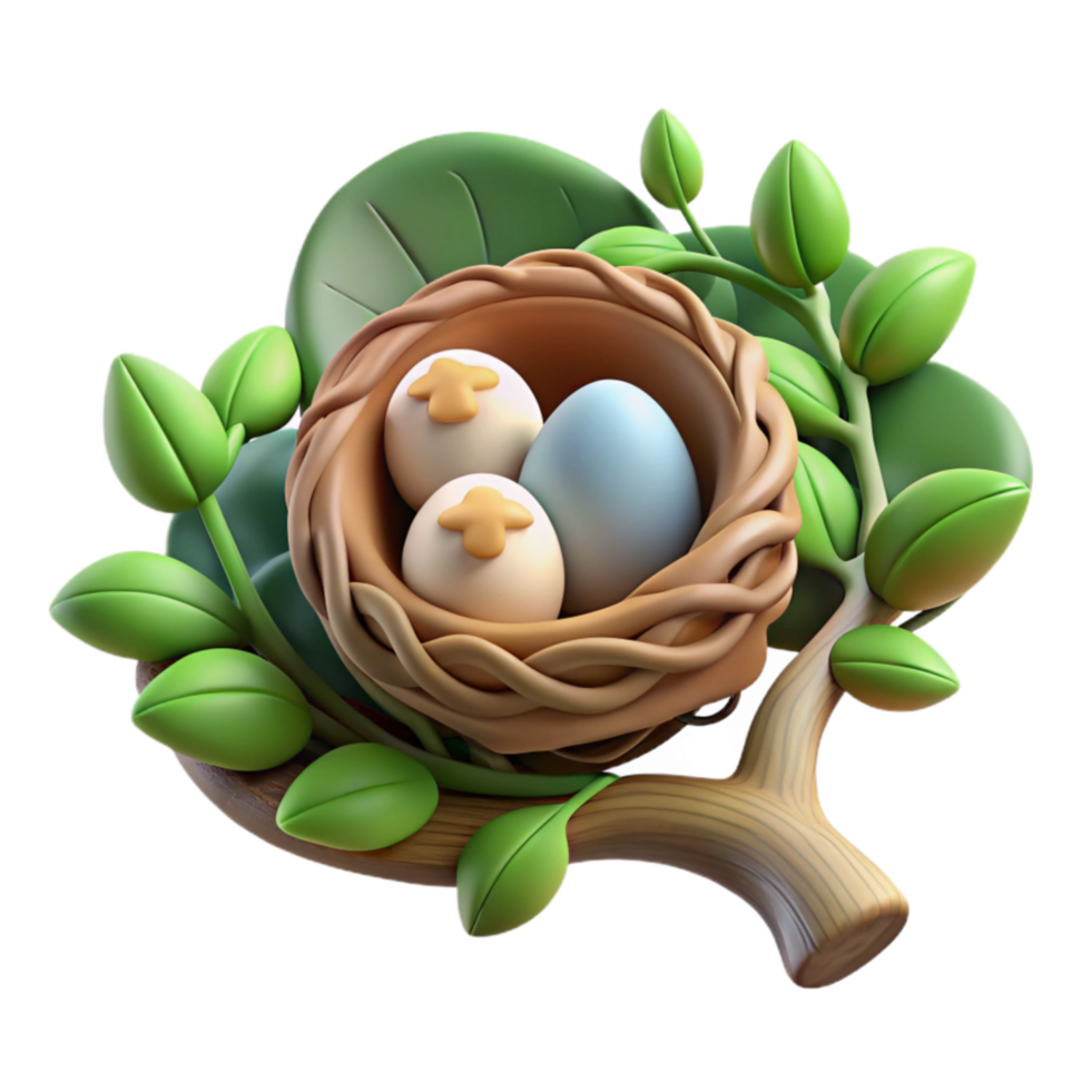 Spring Bird Nest with Eggs 3D Render png