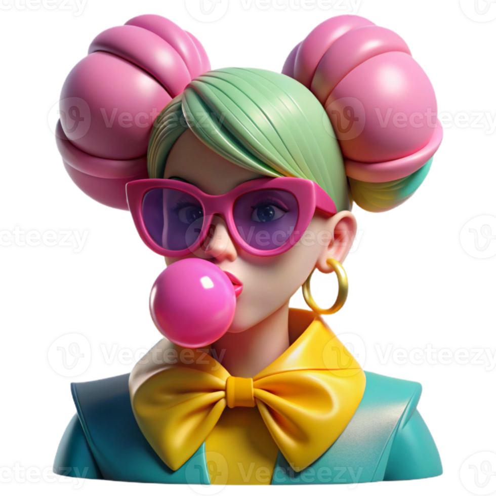 Bubblegum Pop Art Girl 3D Render of a Stylish Cartoon Character png
