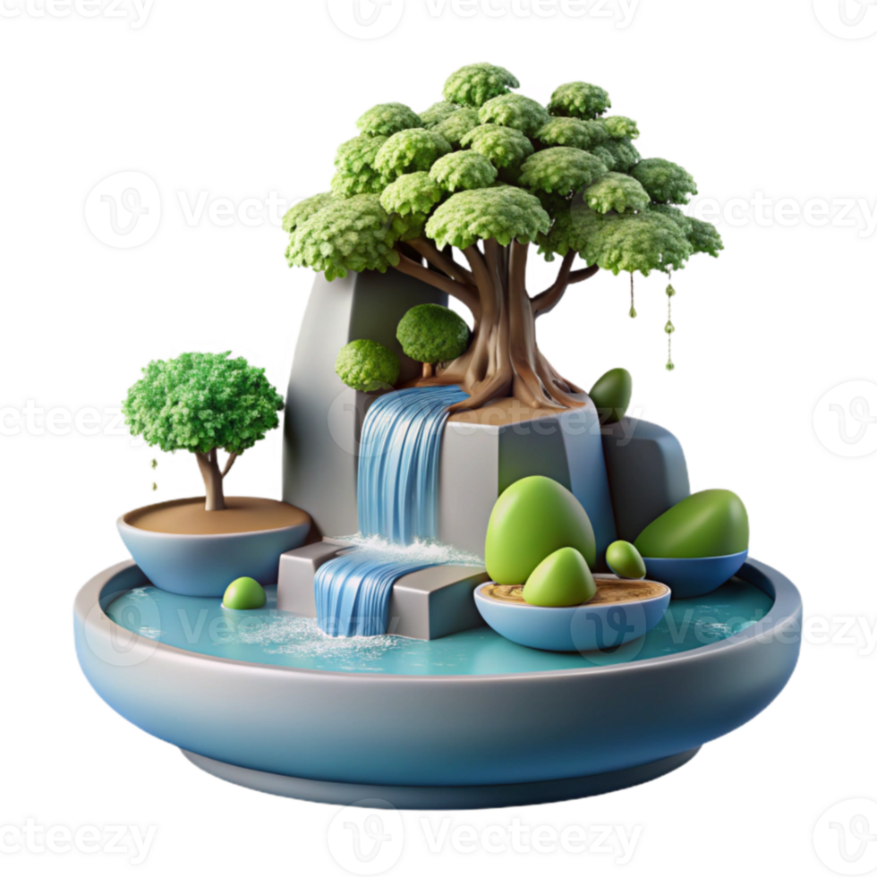 Miniature Waterfall Oasis 3D Rendered Zen Garden png