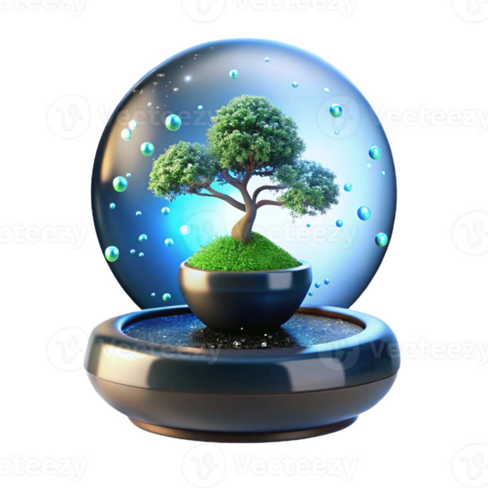 Miniature Bonsai Tree in Glass Dome A Serene Digital Artwork png