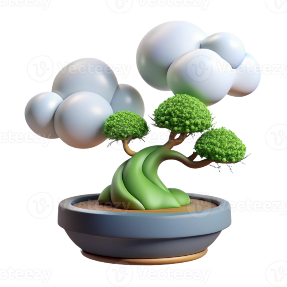 Cartoon Bonsai Tree with Clouds 3D Render png