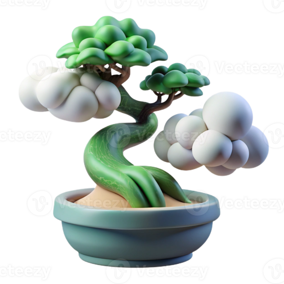 Whimsical Bonsai Tree with Clouds 3D Render png