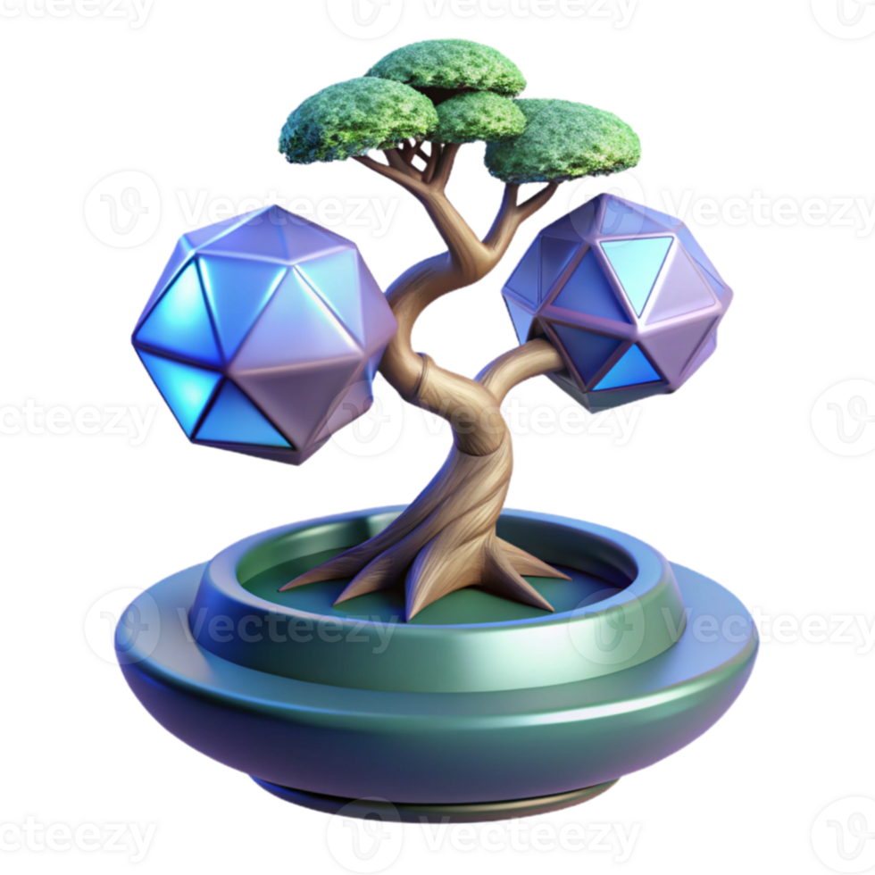 Geometric Bonsai 3D Render of Abstract Tree with Polygonal Ornaments png