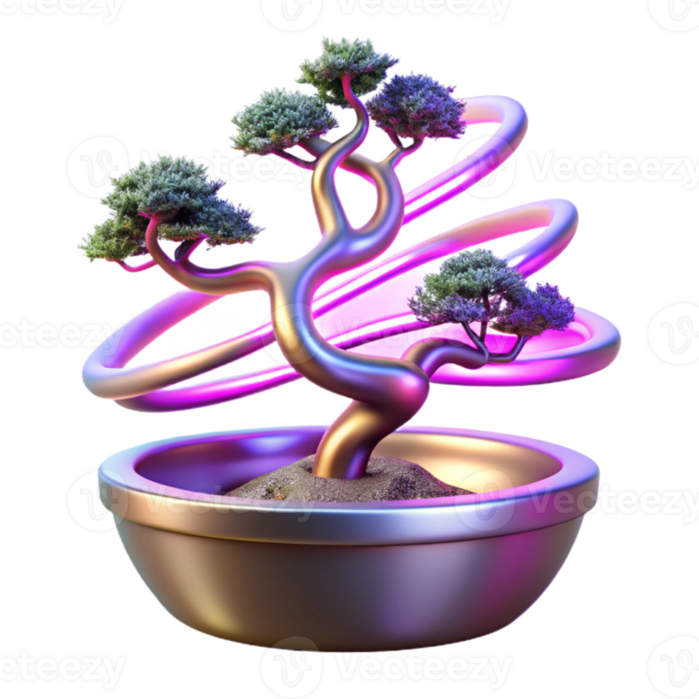 Abstract Bonsai Digital Art, 3D Render, Tree, Pot, Rings png