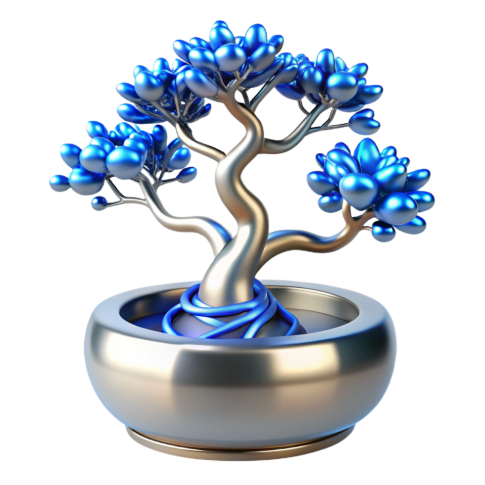 Abstract Blue Bonsai Tree in Silver Pot 3D Render png