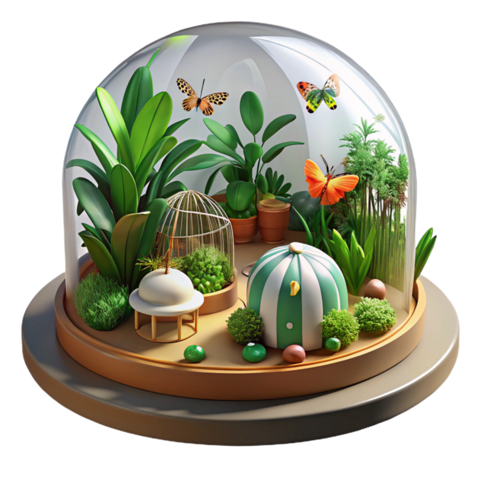 Miniature Indoor Garden Ecosystem with Butterflies png