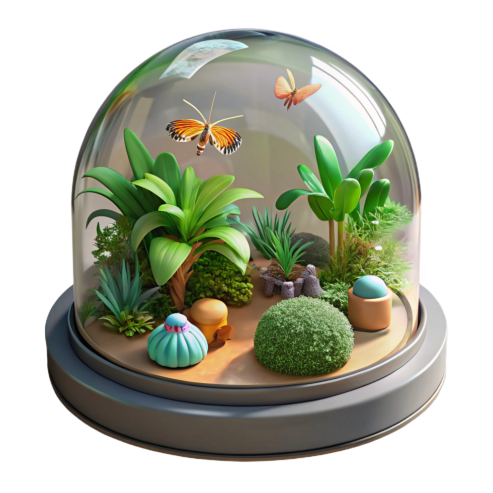 Miniature Garden Ecosystem Under Glass Dome png