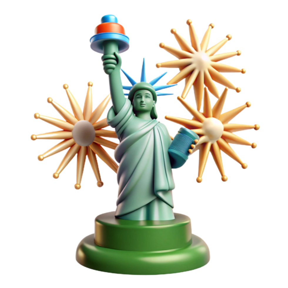 Liberty Statue, Fireworks, Celebration, Festive, 3D Render, Summer, Holiday, Patriotic, Design, Illustration png