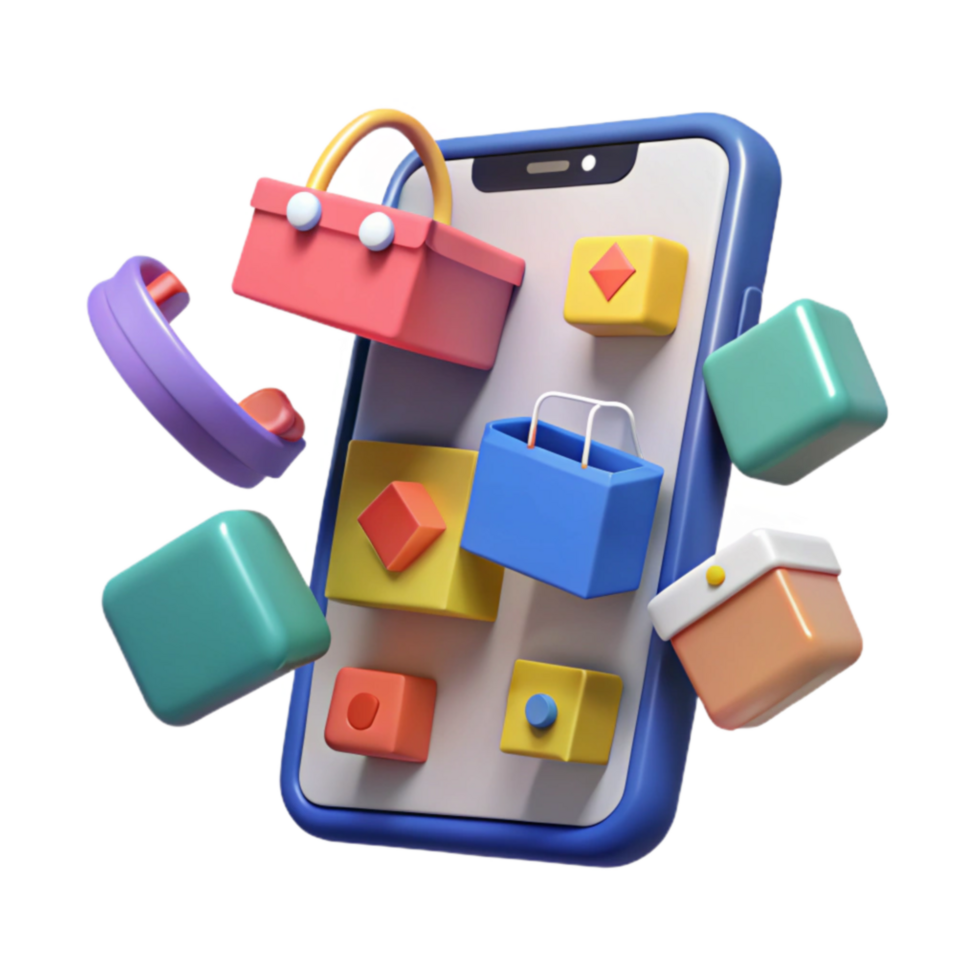 Mobile Shopping App Online Retail, Ecommerce, Digital Commerce, Shopping Bags, Phone Interface, App Icons, 3D Render, Colorful Design, User Interface png