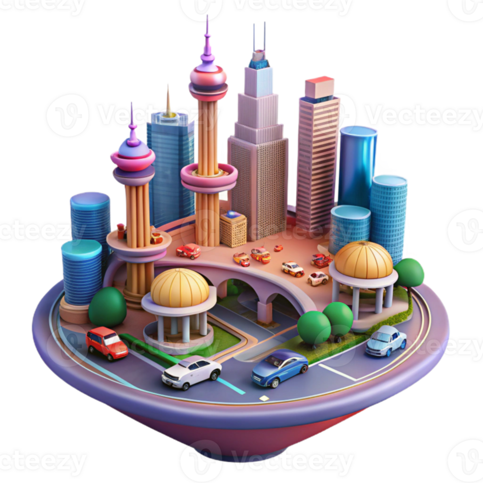 Cityscape Urban Architecture, Miniature Vehicles, and Towering Structures png