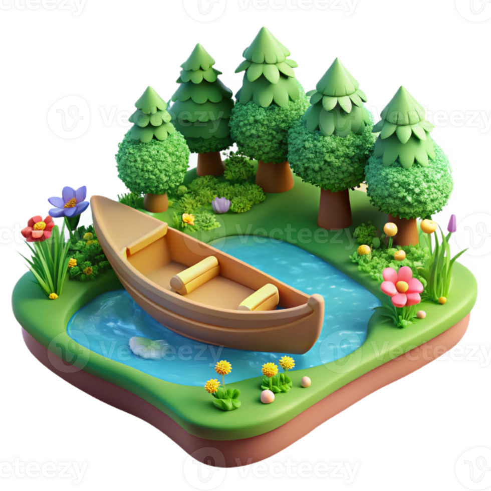 Serene Lake Rowboat Scene 3D Render of Tranquil Nature png