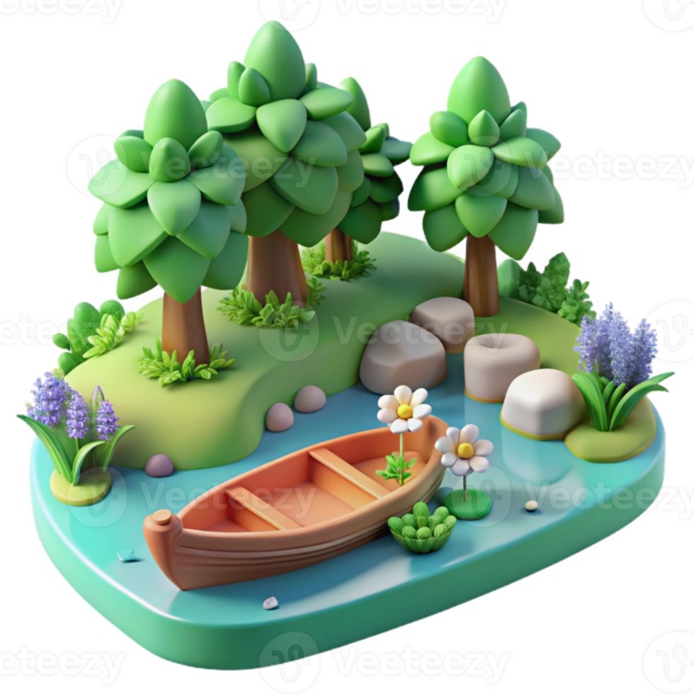 Serene Lakeside Rowboat Scene 3D Render png
