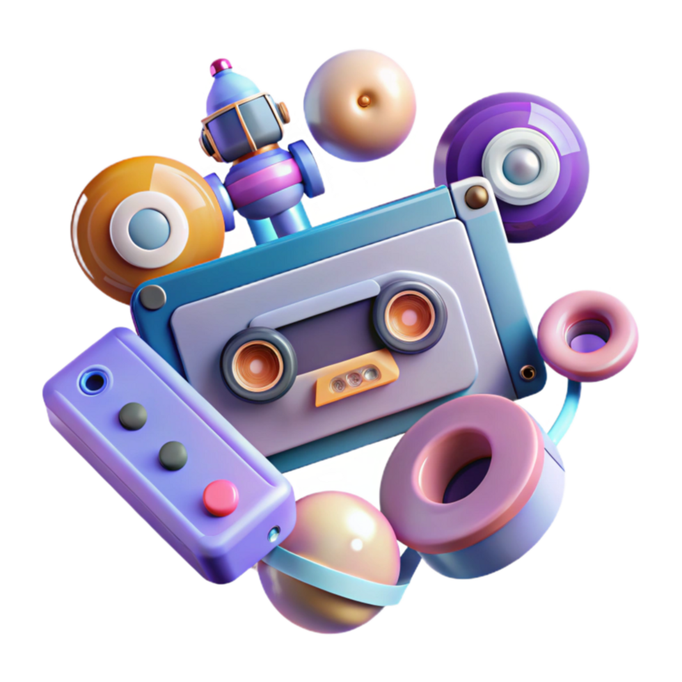 Retro Cassette Tape with 80s Toys and Gadgets png