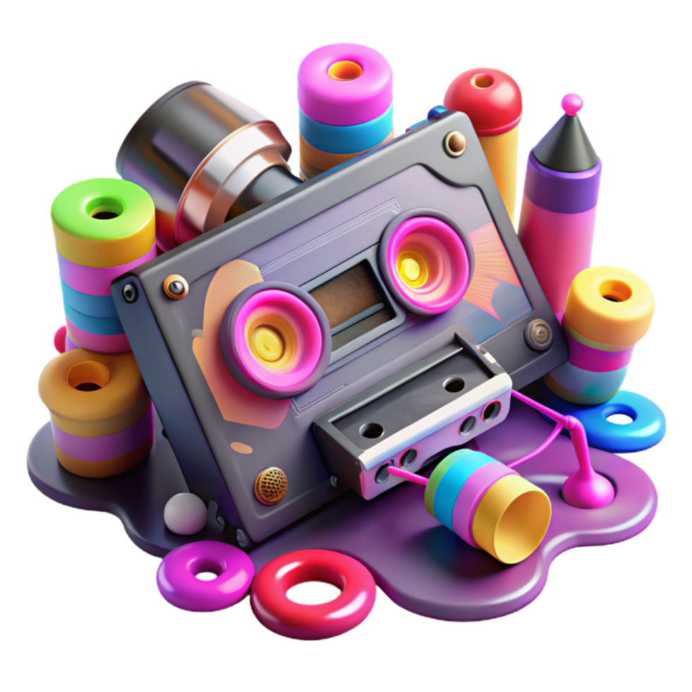 Retro Cassette Tape with Colorful 3D Objects png