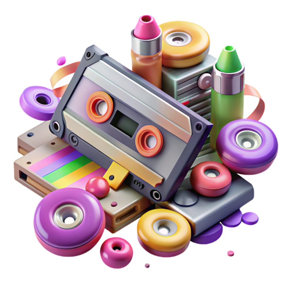 Retro Cassette Tape Colorful Wheels A Nostalgic 3D Render png