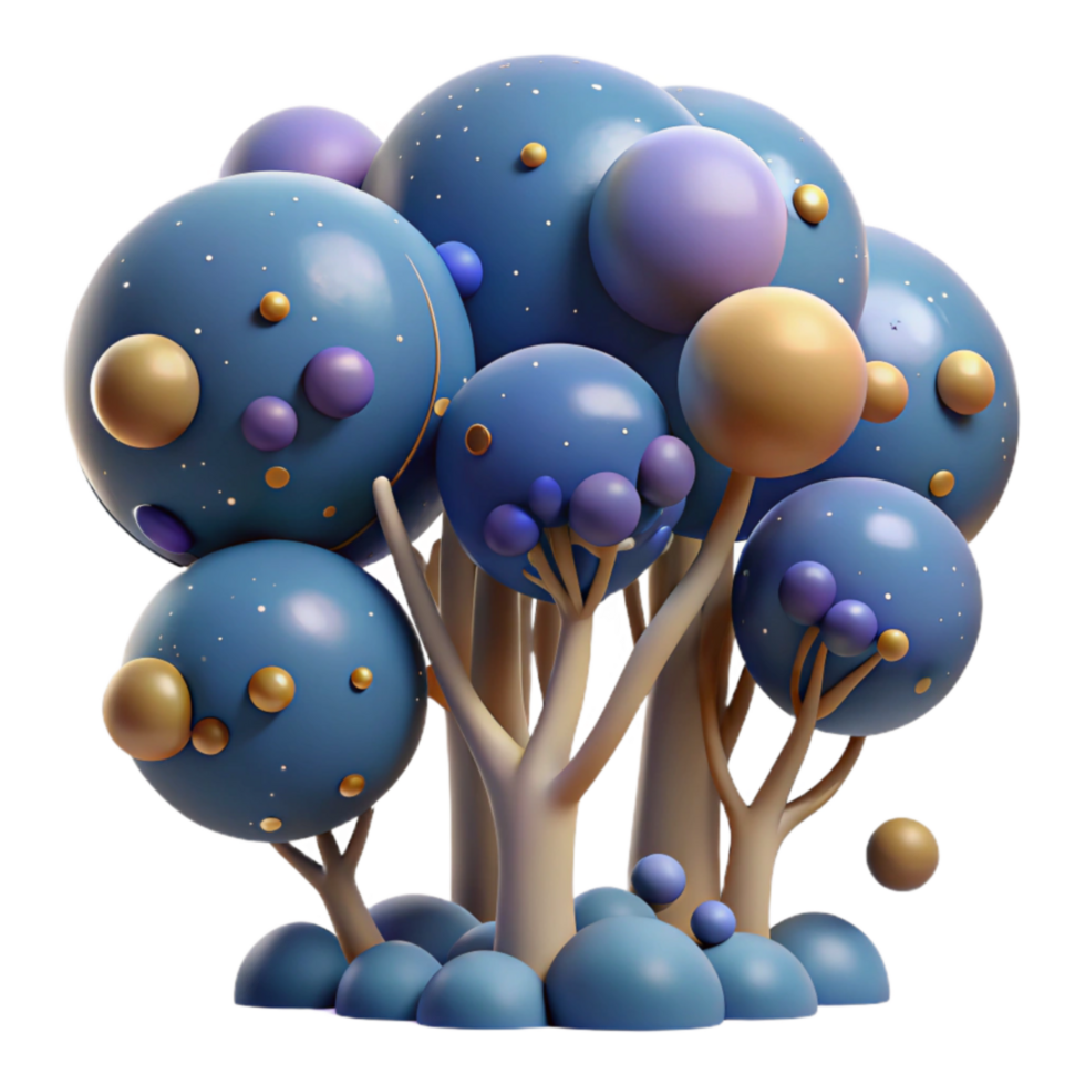 Whimsical 3D Render of Abstract Trees with Colorful Spheres png