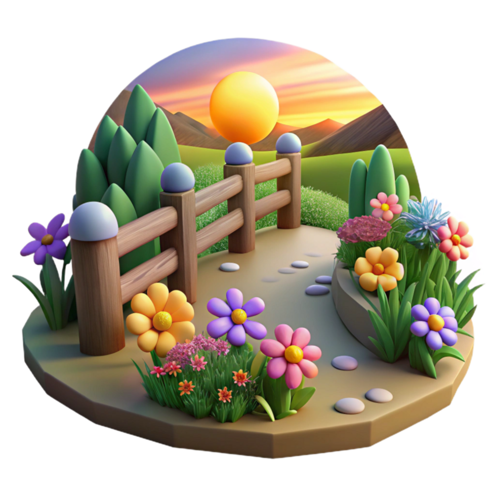Sunset Garden Path 3D Render of Scenic Landscape png