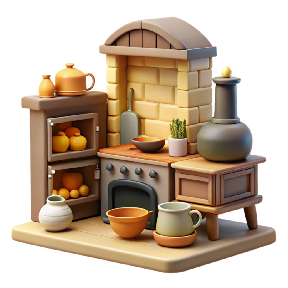 Cozy Kitchen Scene 3D Render of a Rustic Kitchenette png